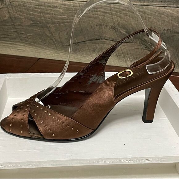 Metaphor Brown Peep Toe 3.5” Heel With Rhinestones and Buckle Ankle Strap Size 9 - Picture 7 of 15